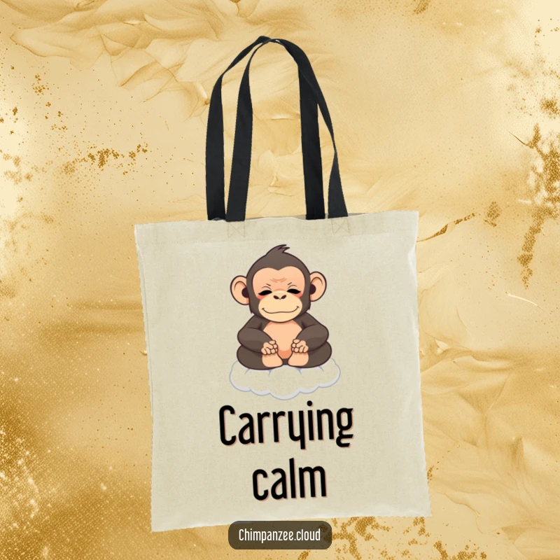 Funny chimpanzee meditating on a cloud, an inspiring tote bag design for daily calm.
