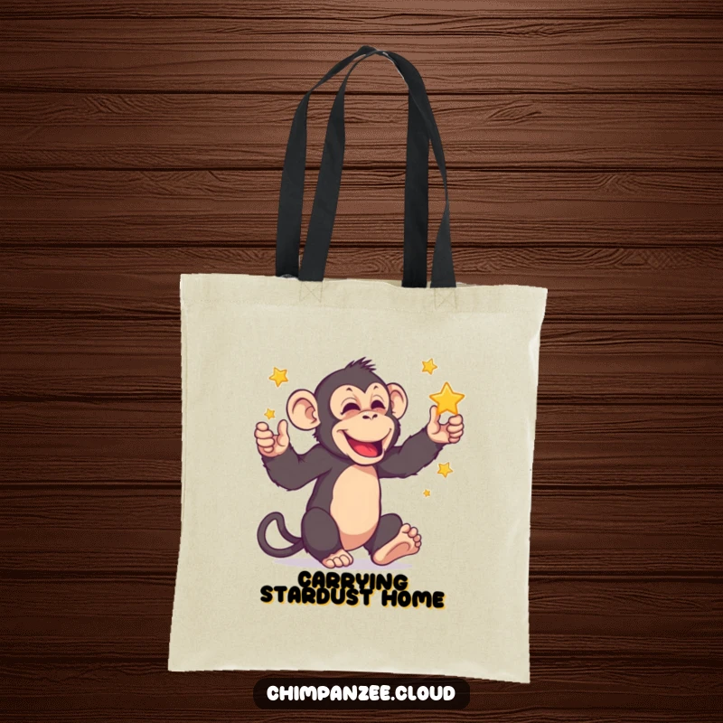 Funny chimpanzee juggling tiny stars, making this tote bag a humorous and eye-catching accessory for carrying your daily essentials.