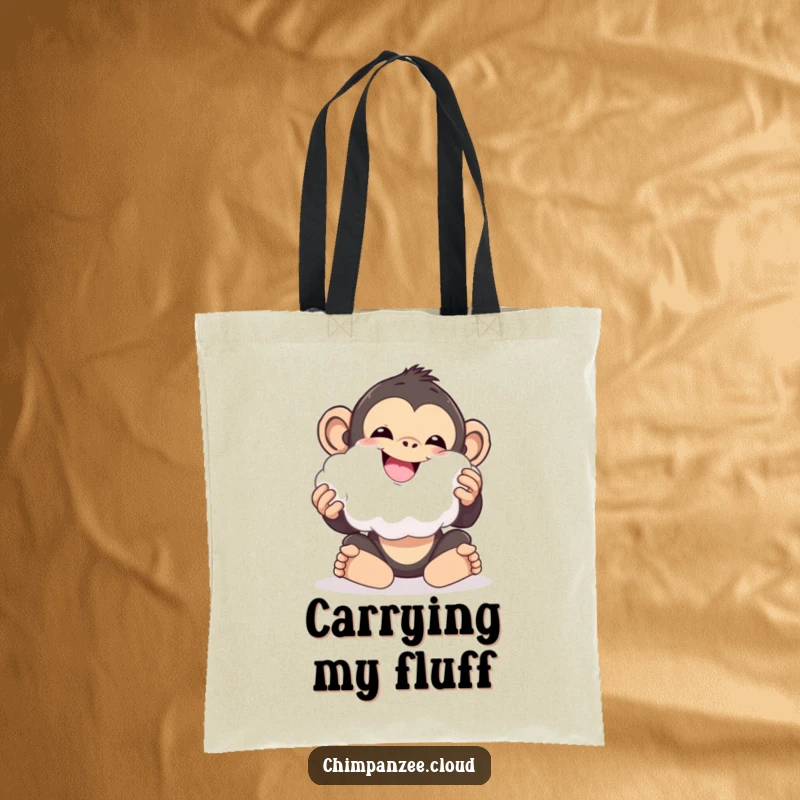 Funny chimpanzee playing with a cloud ball, delighted expression, cute and practical tote bag.
