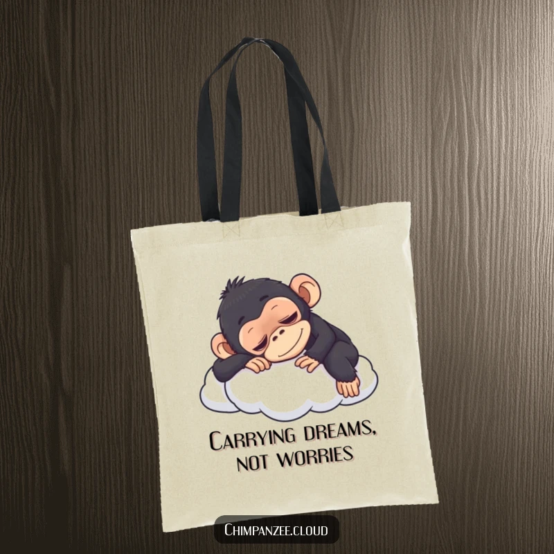 Funny chimpanzee napping on a cloud, a humorous tote bag design for carrying essentials with a smile.