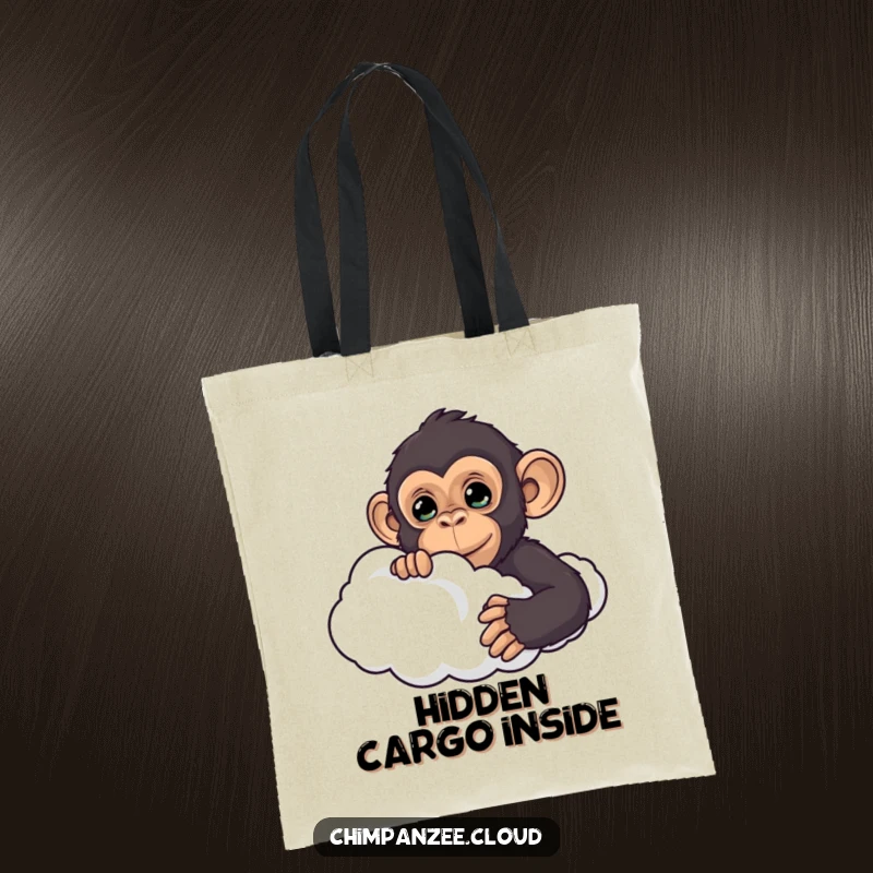 Funny chimpanzee peeking from behind a cloud, printed on a tote bag, adding a humorous and curious touch to your errands.