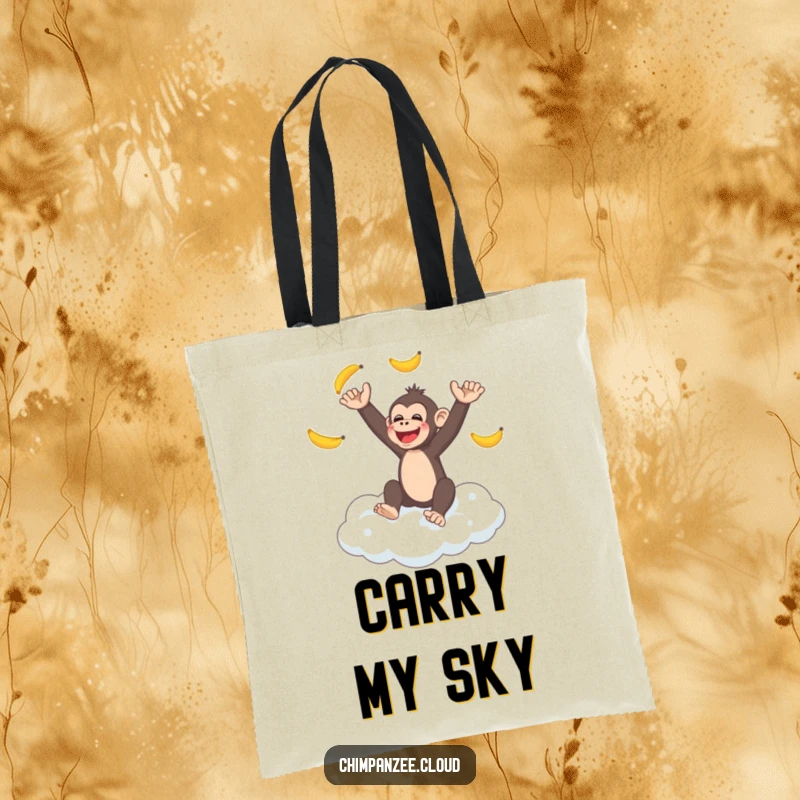 Funny chimpanzee juggling bananas on a fluffy cloud, a functional tote bag, great funny gift for primate fans.