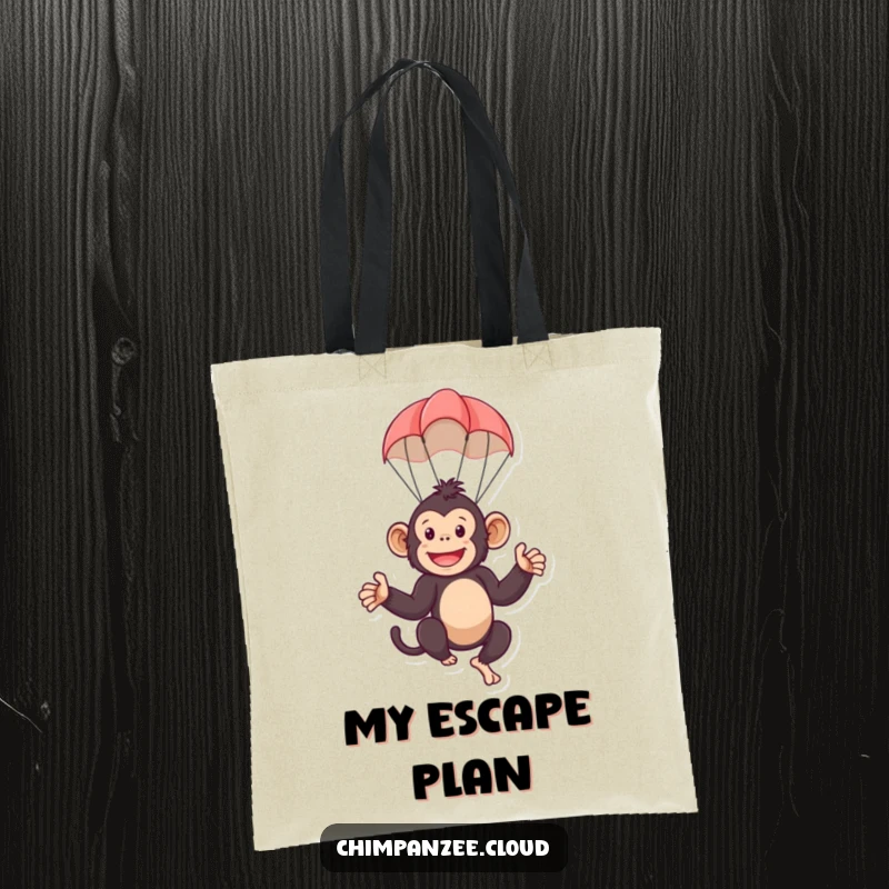 Funny tote bag depicting a playful chimpanzee character descending with a small parachute. A whimsical and practical bag for everyday use.