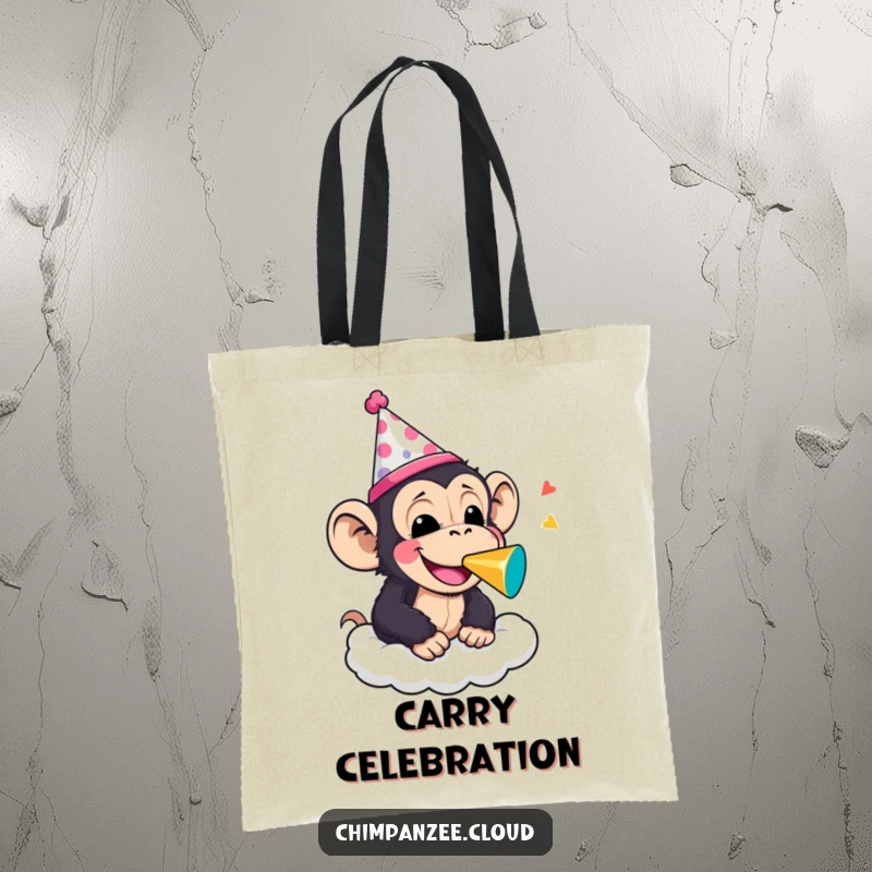 Funny chimpanzee in a party hat blowing a noisemaker on a cloud, printed on a practical tote bag for stylish and humorous party-goers.