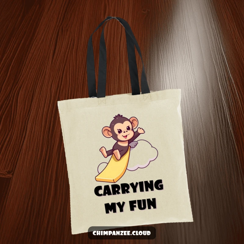 Funny playful chimpanzee tote bag sliding down a cloud like a slide, a whimsical and humorous accessory for carrying essentials with flair.