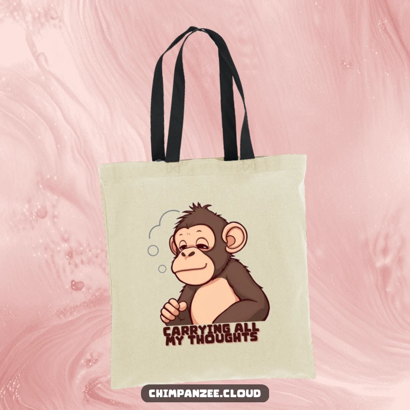 Funny chimpanzee looking thoughtfully at a cloud shape, a humorous tote bag design for carrying ideas.