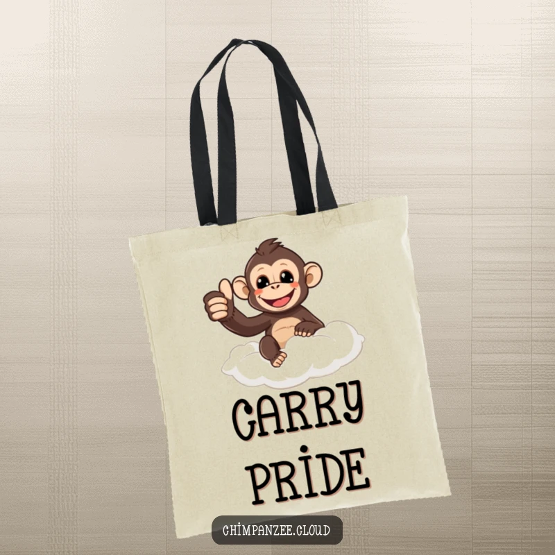 Funny chimpanzee giving a thumbs up from a cloud, printed on a practical tote bag for stylishly carrying positivity and humor.