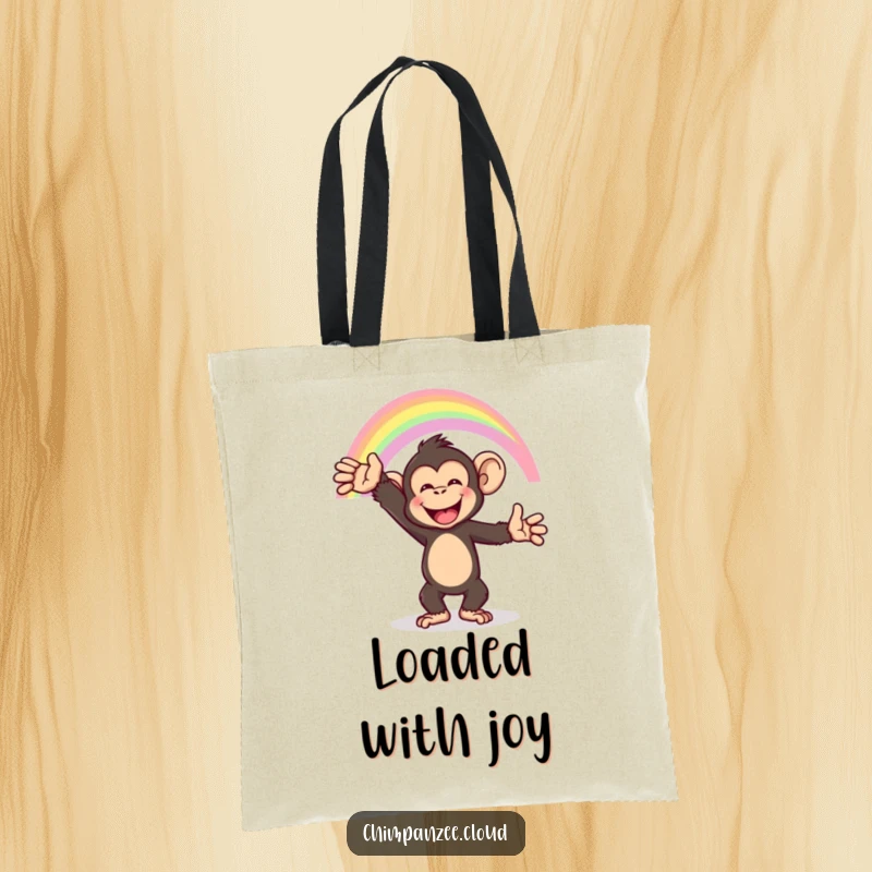 Funny chimpanzee reaching for a rainbow, colorful tote bag, inspiring happiness.
