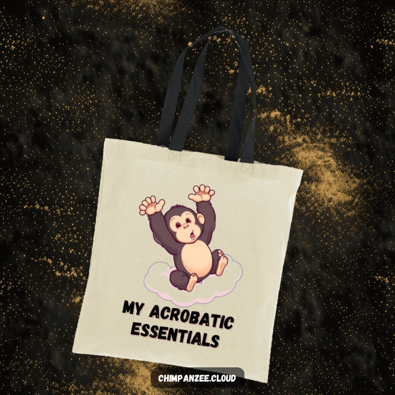 Funny chimpanzee performing a somersault on a cloud, printed on a tote bag, ready for errands and adventures.