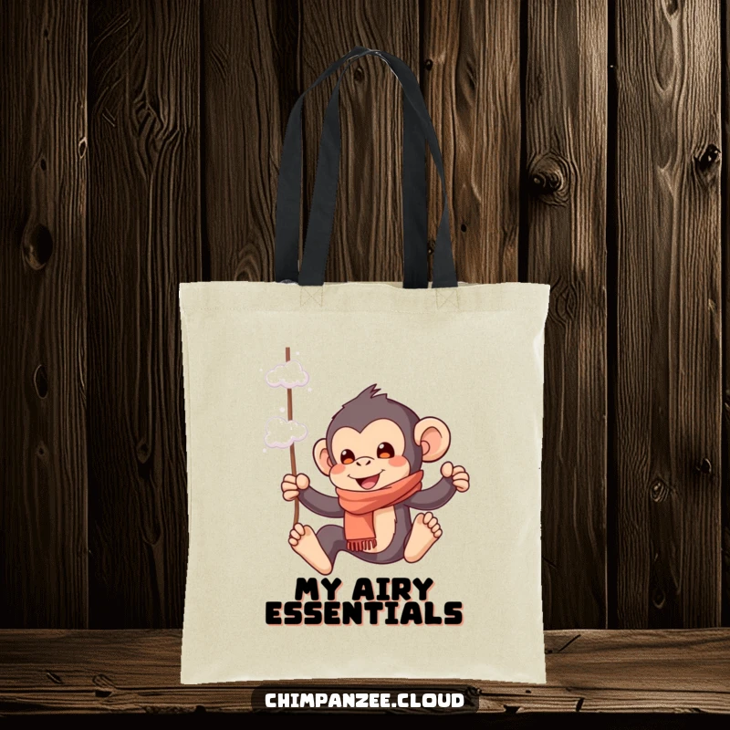 Funny tote bag featuring a playful chimpanzee in a scarf, swinging from cloud wisps, carrying your items with whimsical flair.