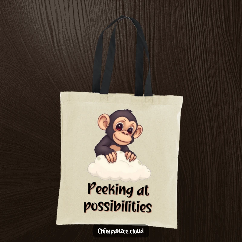 Funny chimp peeking from behind a cloud, featured on a tote bag, inviting curiosity and carrying essentials.